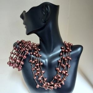 FIVE STRAND BEADED BRONZE/COPPER TONE NECKLACE AND MATCHING BRACLET